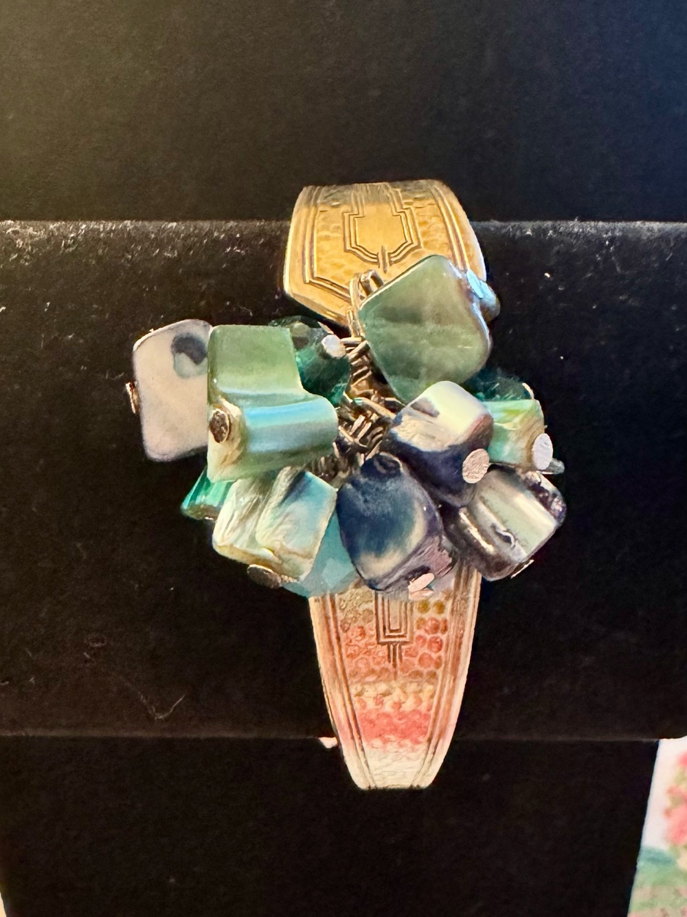 Silver Plate Cluster Bracelet with Green and Blue Shell Beads